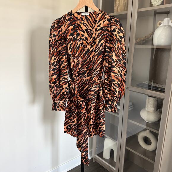 Sandro Lunas Leopard Animal Print Silk Wrap Dress 1 Long Sleeve Belted  Mini - Picture 1 of 6
